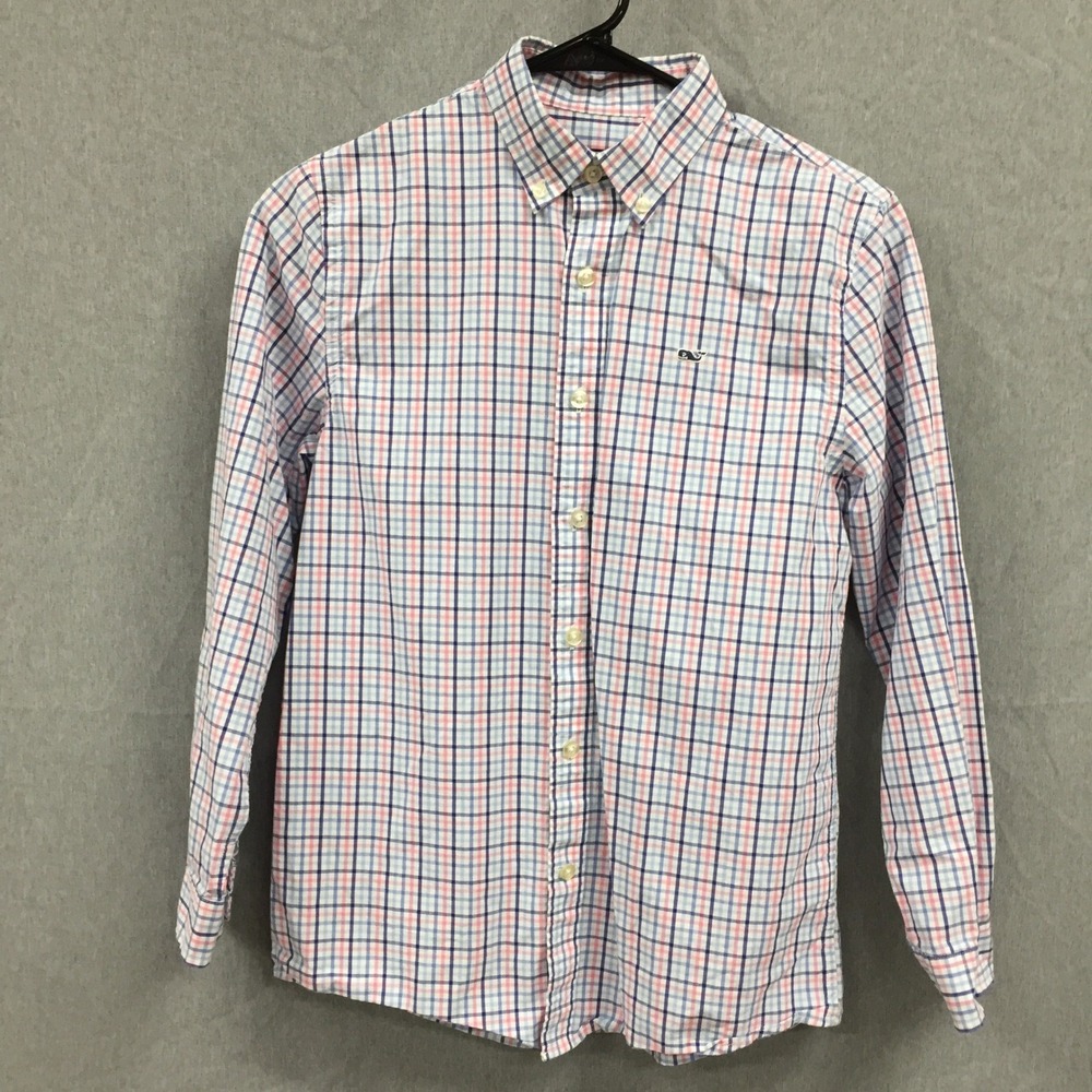 Vineyard Vines Boys Blue Pink Plaid Whale Shirt Button Down Size M 12-14